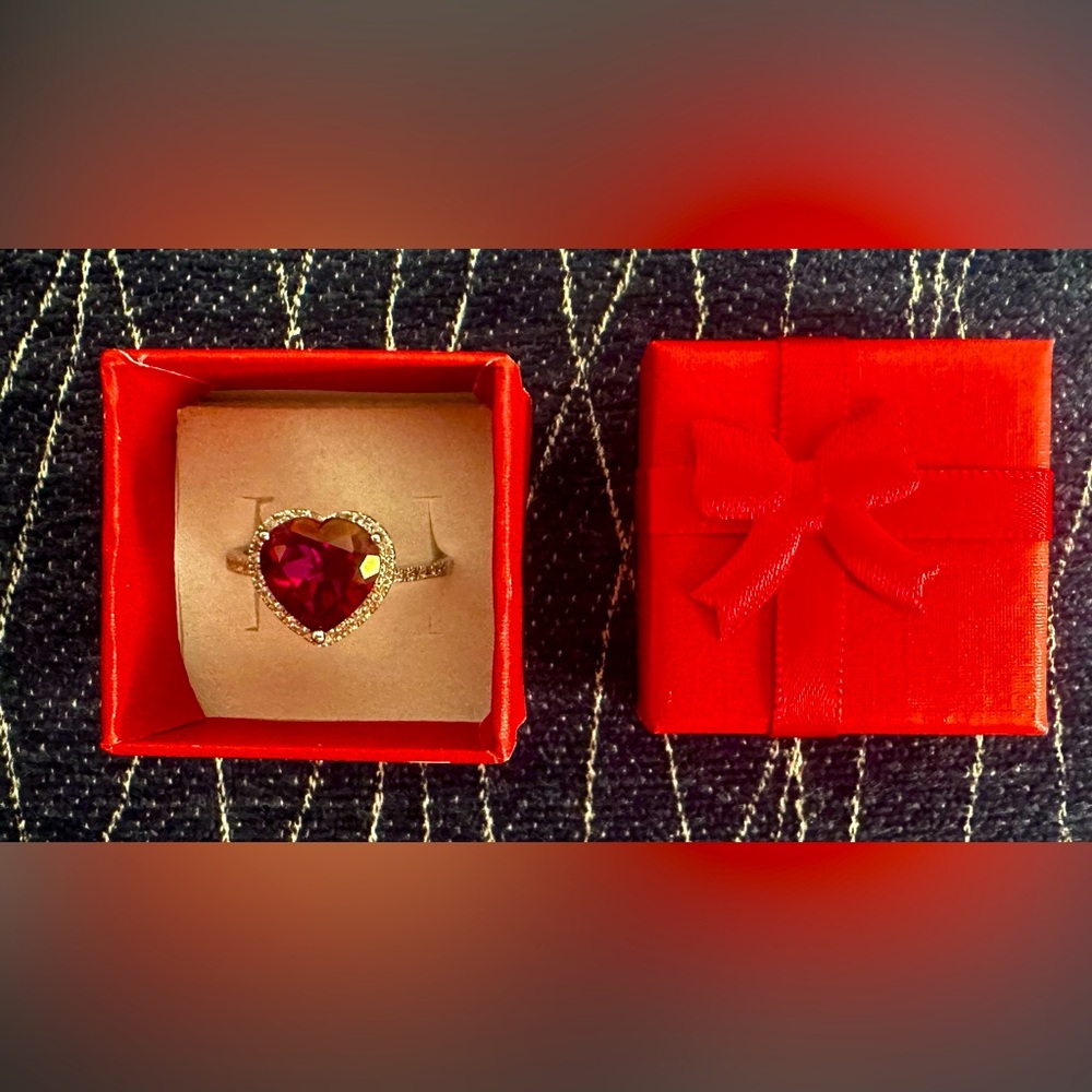 Simulated Ruby heart ring with clear Diamonique simulated gemstones.